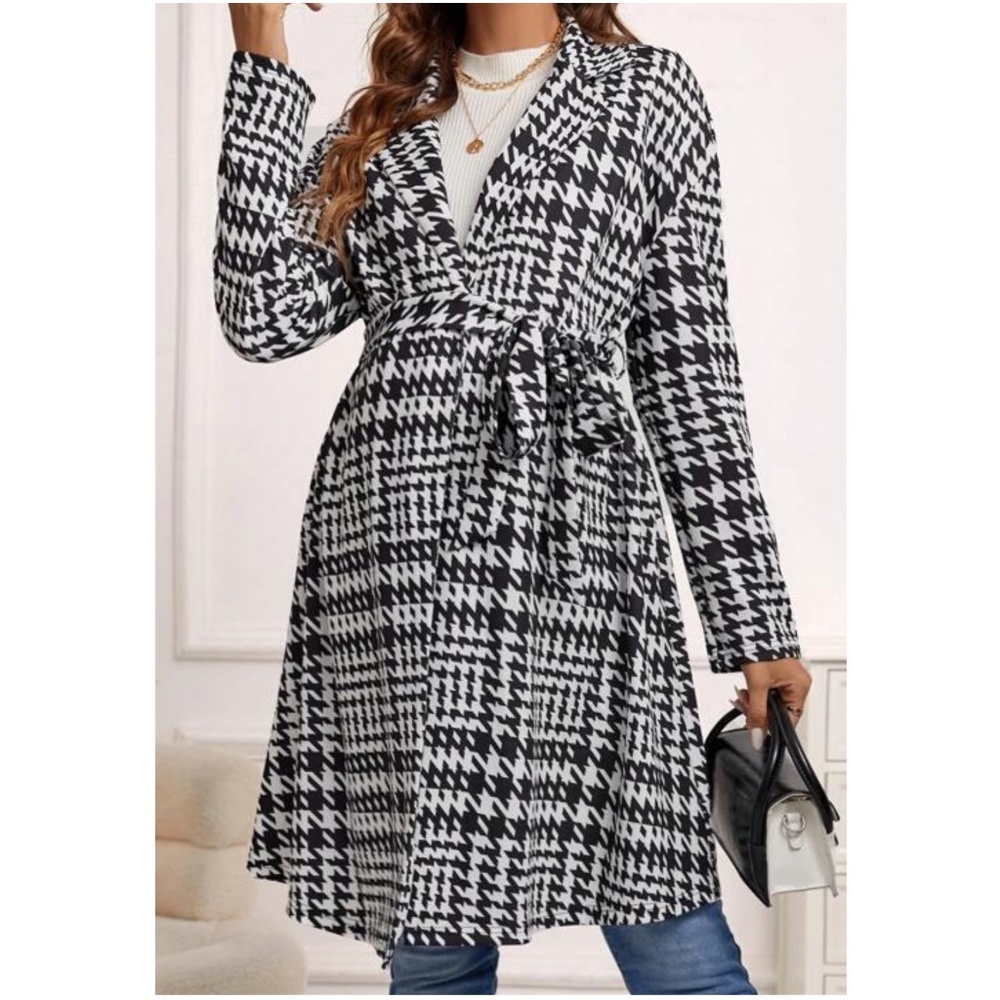 Maternity Houndstooth Print Belted Jacket Coat